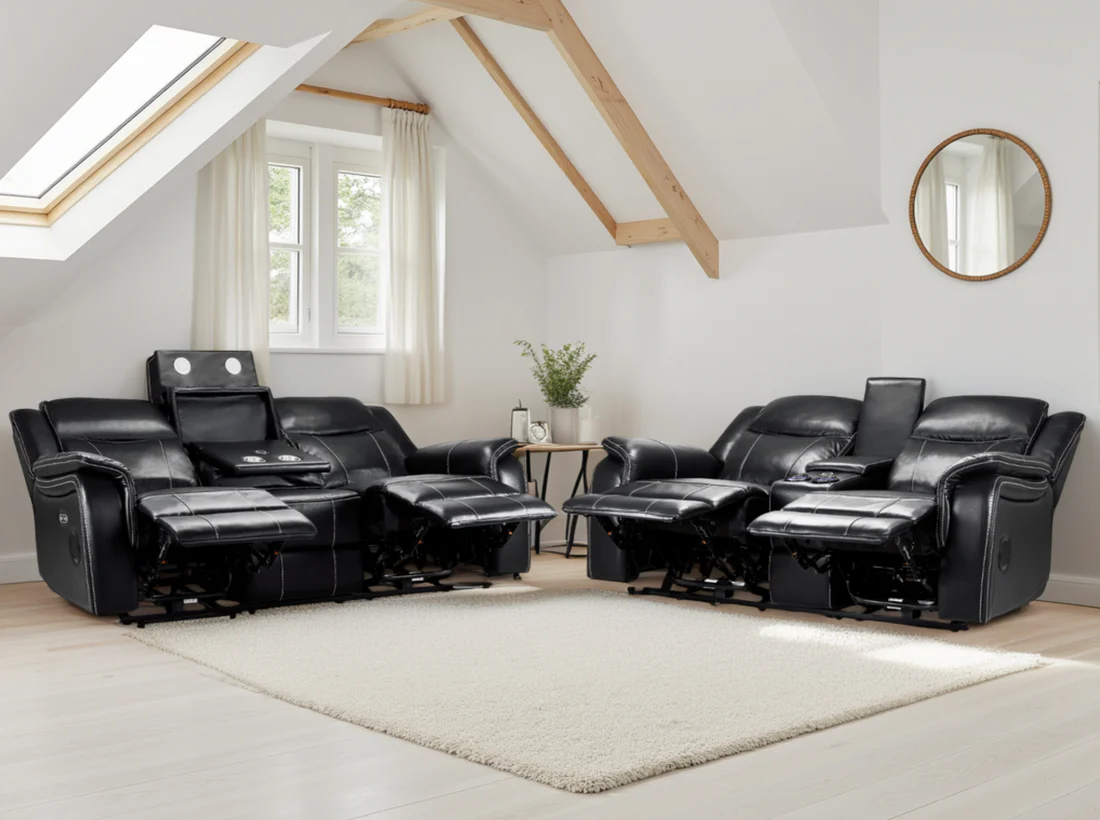 Galaxy Tech Electric Recliner Sofa Black 3+2 Set - Image 2