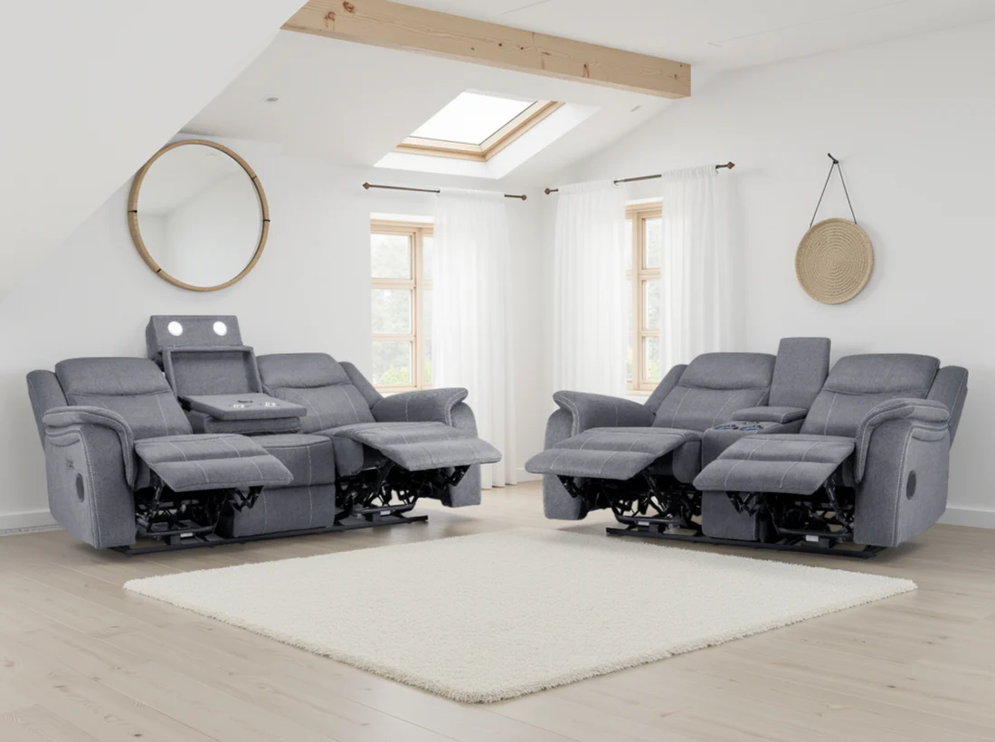 Galaxy Tech Electric Recliner Sofa Grey Fabric 3+2 Set - Image 3